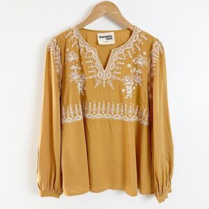 SAVANNA JANE Mustard Embroidered Blouse Small Oversized White Top Babydoll